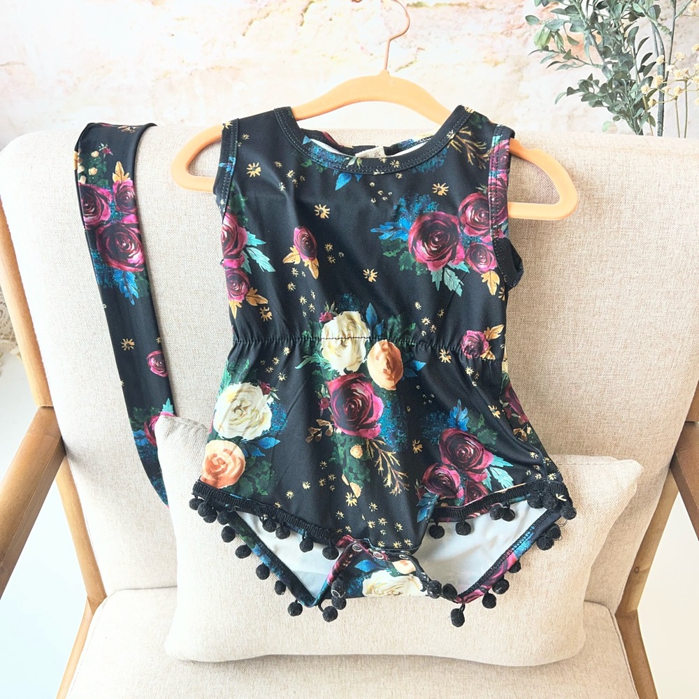 Amazon Black Floral Romper with Pom-Pom Trim